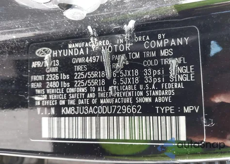 2013 Hyundai Tucson Limited from USA, damaged, VIN KM8JU3AC0DU729662